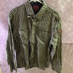 Tommy Hilfiger DENIM Striped Khaki Green Men's Western Shirt, 2007 Large​